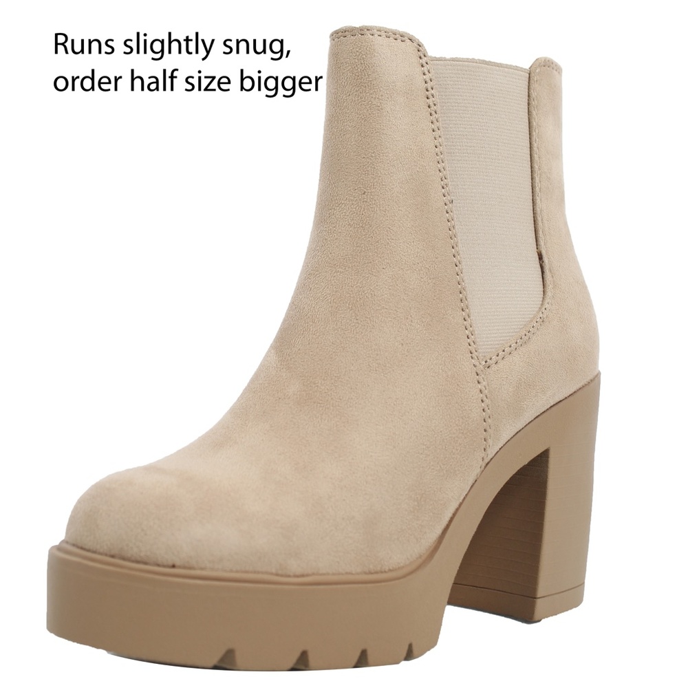 Light Wheat Faux Suede Chelsea Platform Block Heel Ankle Bootie - Picture 2 of 6